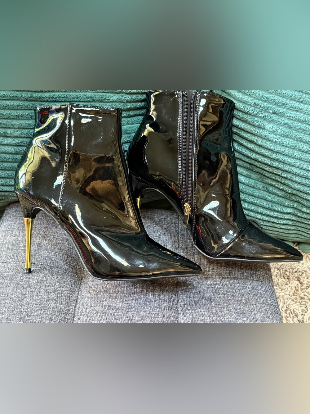 Black Patent Pointed-Toe Ankle Boots with Gold Stiletto Heel, Size 7